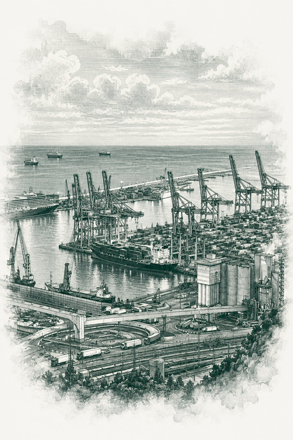Engraving of a working container port at dawn