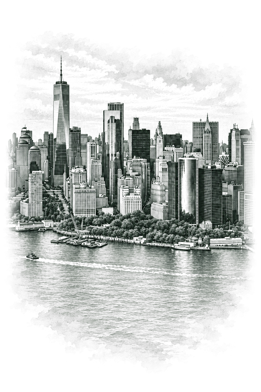 Engraving of the lower Manhattan skyline from the harbor
